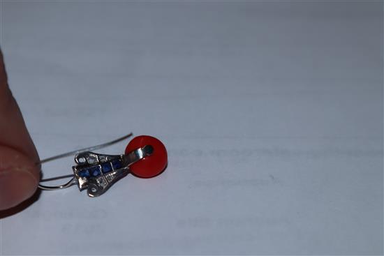 A pair of white metal, coral bead, diamond and synthetic? sapphire earrings 19mm.